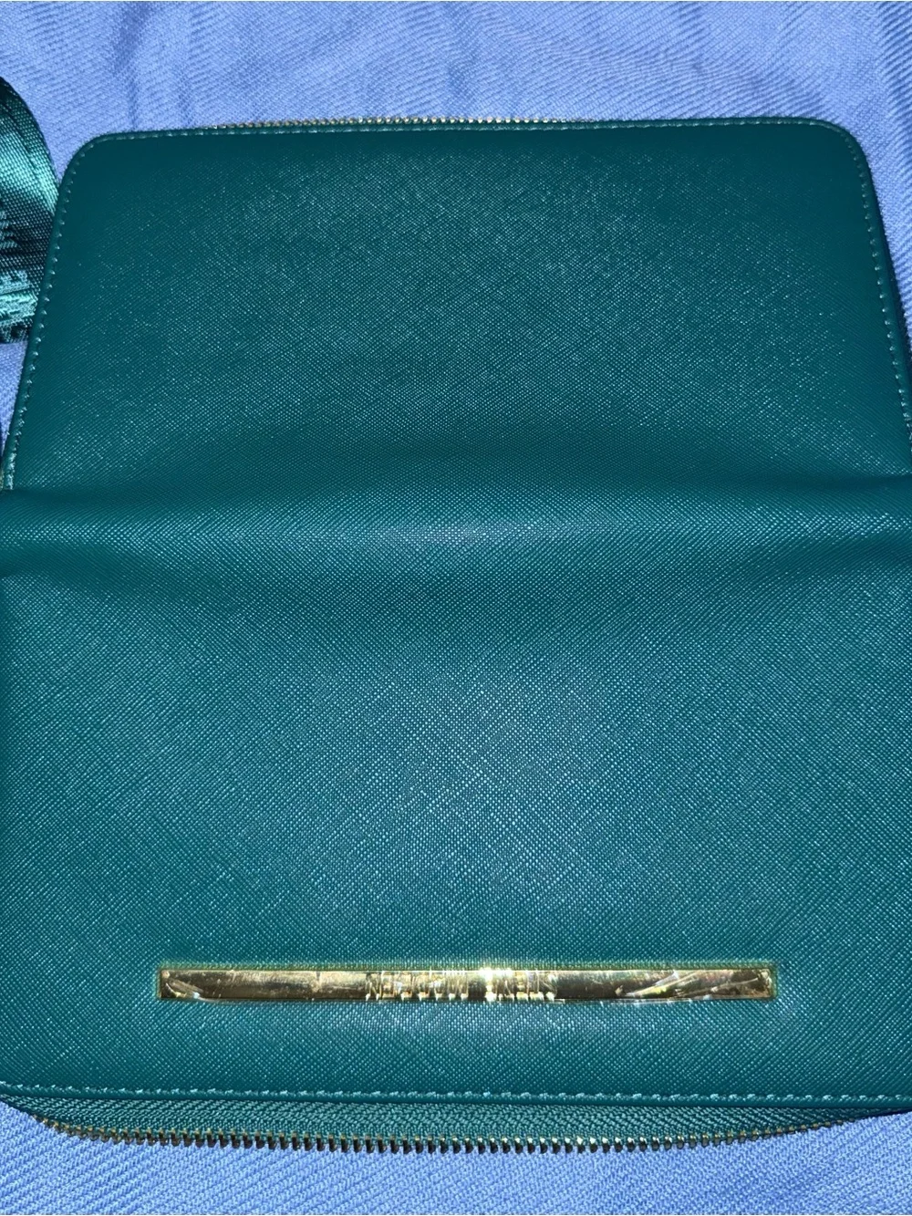 Steve Madden Black Leather Mini Pouch with Teal Strap and Green Wallet